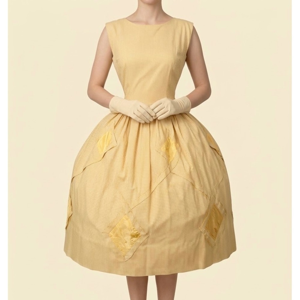 Vintage 1950s Syd Chicago Yellow Gingham Cotton Dress Applique Fit Flare 38/27